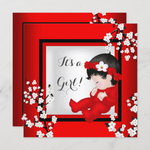 Invitation Baby shower mignonne bébé fille rouge Blossom noir