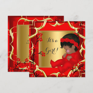 Invitation Baby Shower Mignonne Bébé Fille Rouge Fleur Or AM 