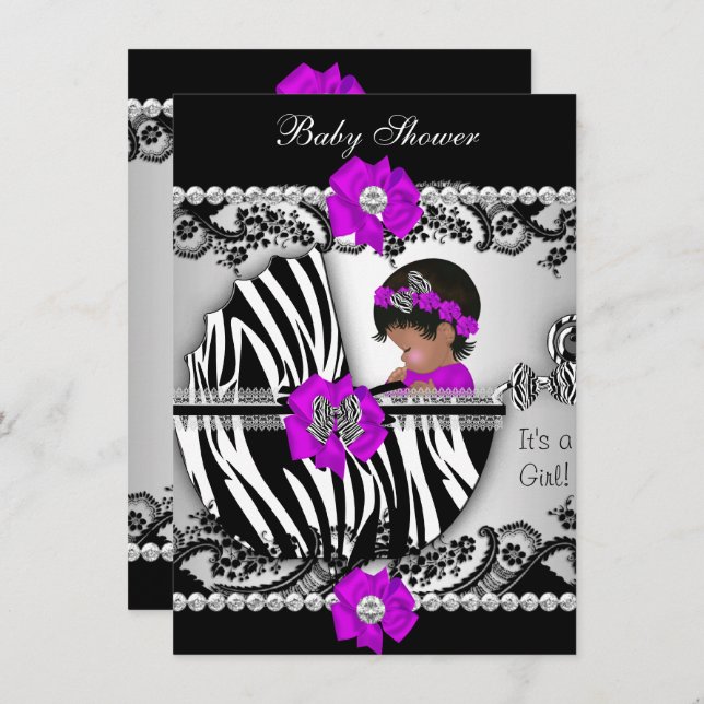 Invitation Baby shower mignonne bébé fille Zebra violet rose  (Devant / Derrière)
