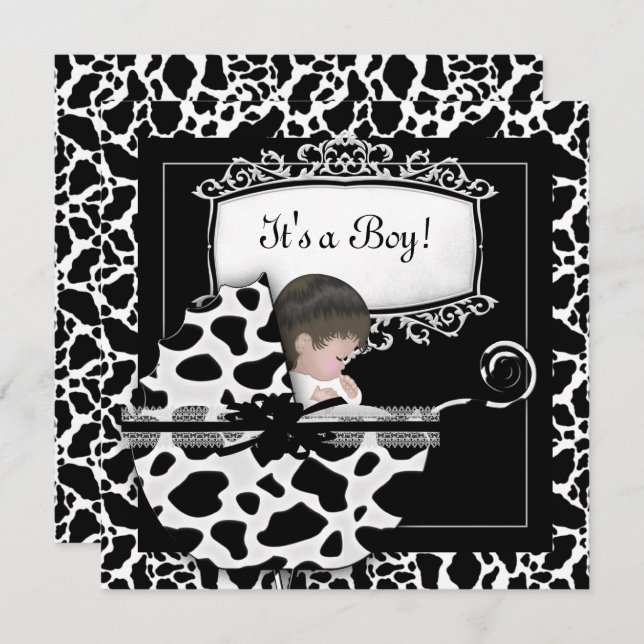 Invitation Baby shower mignonne Bébé Pram Vache Noir Blanc (Devant / Derrière)