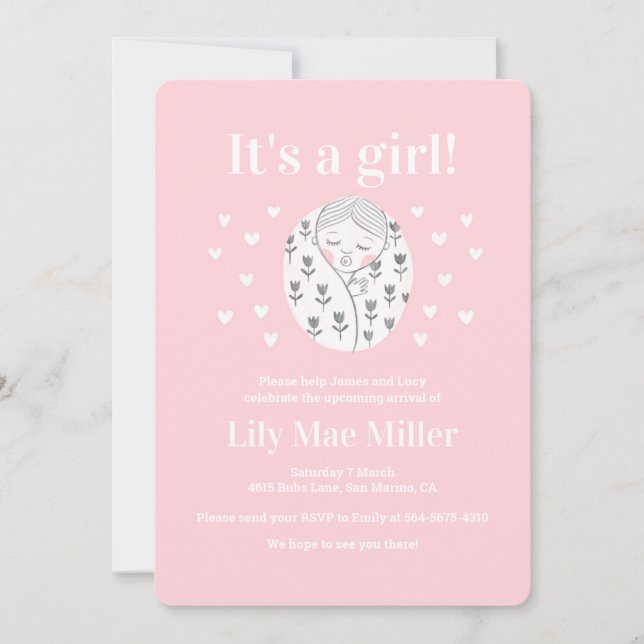 Invitation Baby shower mignonne fille coeur floral rose dessi (Devant)