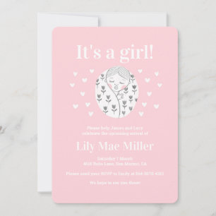 Invitation Baby shower mignonne fille coeur floral rose dessi