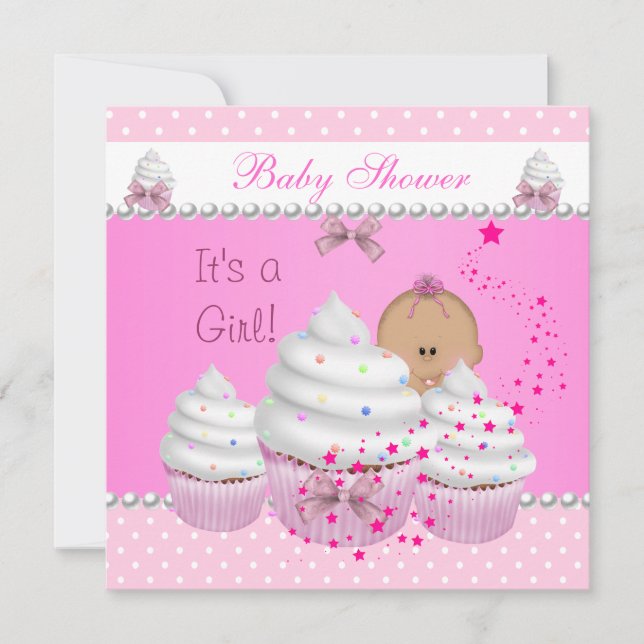 Invitation Baby shower mignonne fille Cupcake rose saupoudrer (Devant)