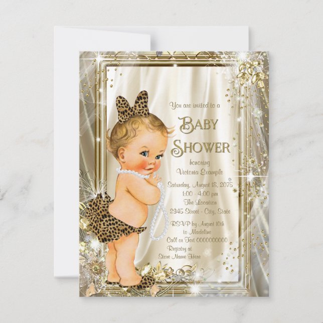 Invitation Baby Shower Mignonne Fille Perle Léopard (Devant)