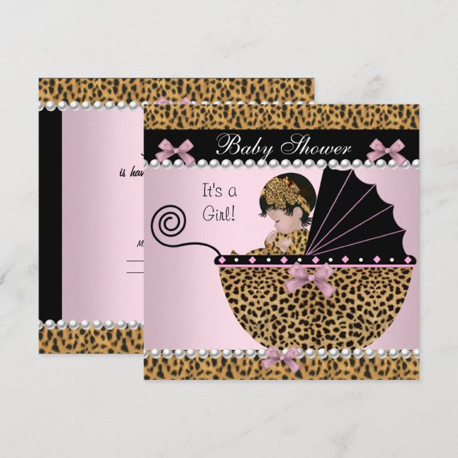 Invitation Baby Shower Mignonne Fille Rose Arc Léopard (Devant / Derrière)