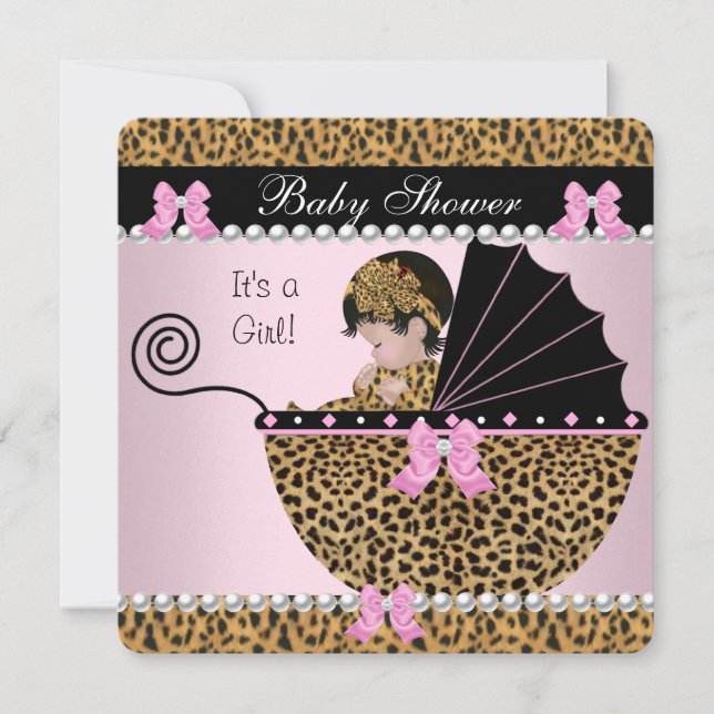 Invitation Baby Shower Mignonne Fille Rose Léopard Arc 2 (Devant)