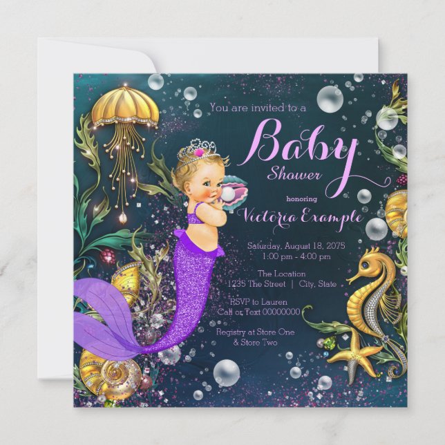 Invitation Baby Shower Mignonne Sirène Violette (Devant)