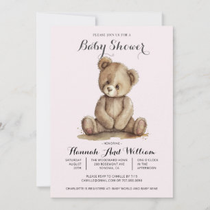 Invitation Baby shower mignonne Teddy Bear rose bébé fille