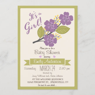 Invitation Baby shower mignonne, violette et verte