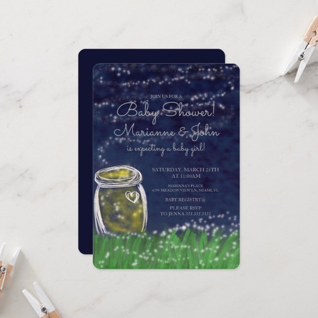 Invitation Baby shower Mignonnes lucioles Pittoresque View St (Devant/Arrière en situation)