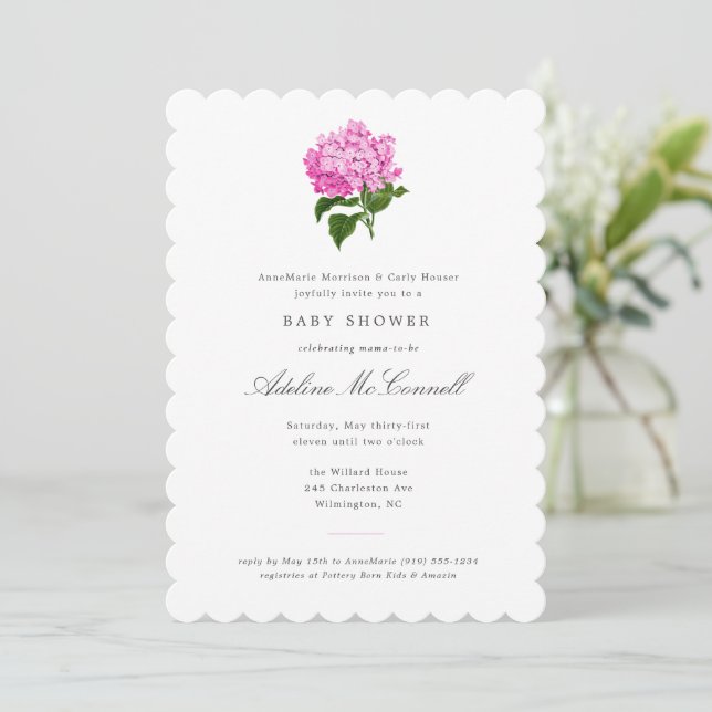 Invitation Baby shower millénaire rose Hydrangea (Debout devant)