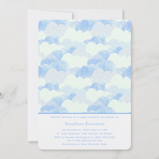 Invitation Baby shower minimal Abstrait de nuages bleus (Devant)