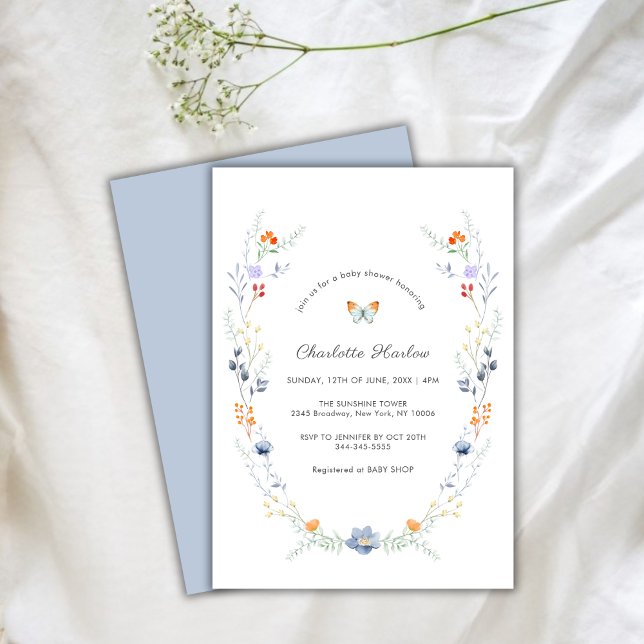 Invitation Baby shower minimal de Fleur sauvage à papillon (Minimal Butterfly Wildflower Wreath Baby Shower Invitation)