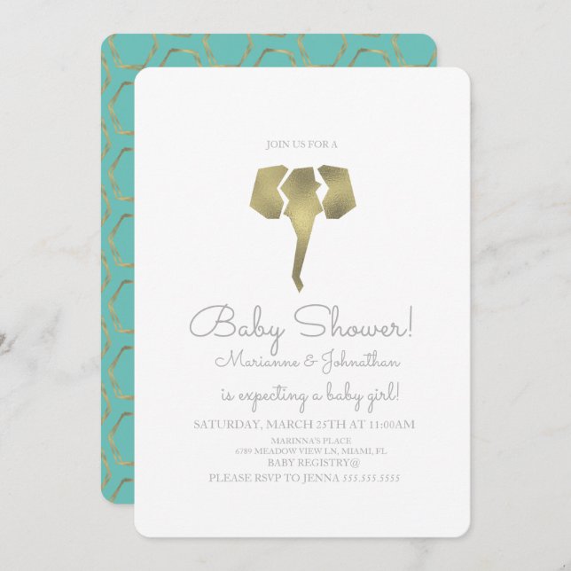 Invitation Baby shower minimal Foil Boho Elephant (Devant / Derrière)