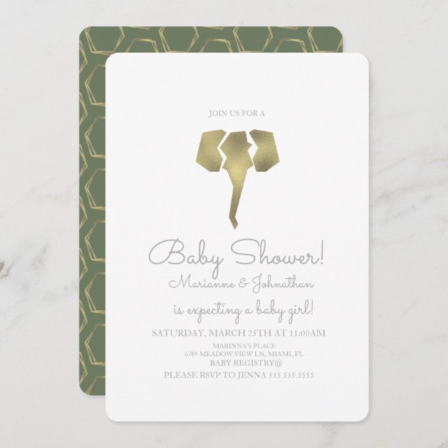 Invitation Baby shower minimal Foil Boho Elephant (Devant / Derrière)