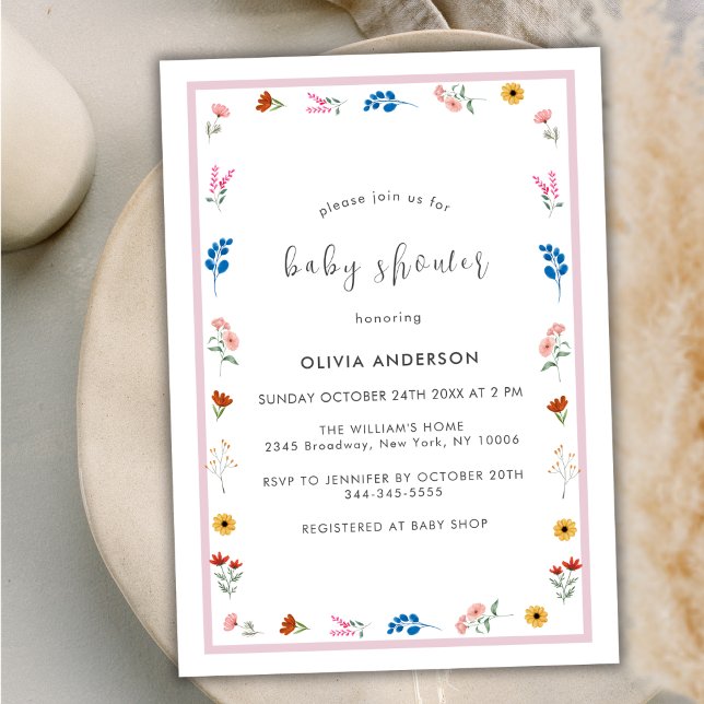 Invitation Baby shower minimal pour fille à cadre Fleur sauva (Minimal Little Wildflower Frame Girl Baby Shower Invitation)