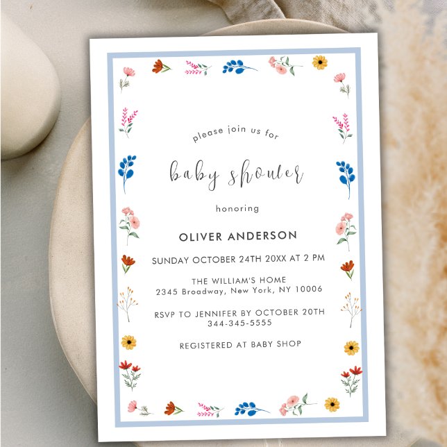 Invitation Baby shower minimal pour petits Fleurs sauvages (Minimal Little Wildflower Frame Boy Baby Shower Invitation)