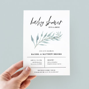 Invitation Baby Shower Minimaliste Aquarelle Botanique Garçon