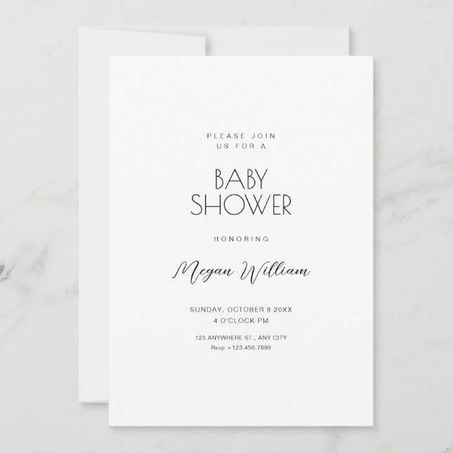 Invitation Baby shower minimaliste blanc simple (Devant)