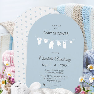 Invitation Baby shower minimaliste bleu poussiéreux en arche