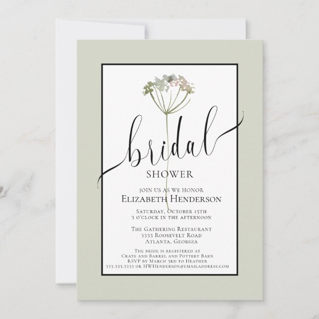 Invitation Baby Shower Minimaliste Écriture Vert Sauge Floral (Devant)