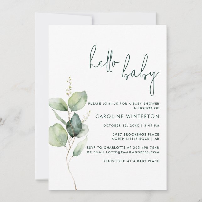 Invitation Baby shower minimaliste Eucalyptus (Devant)