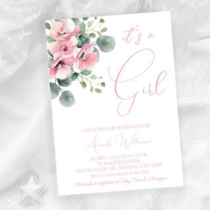 Invitation Baby Shower Minimaliste Fille Fleurs Aquarelle Ros