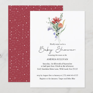 Invitation Baby shower minimaliste Fleur sauvage rose foncé