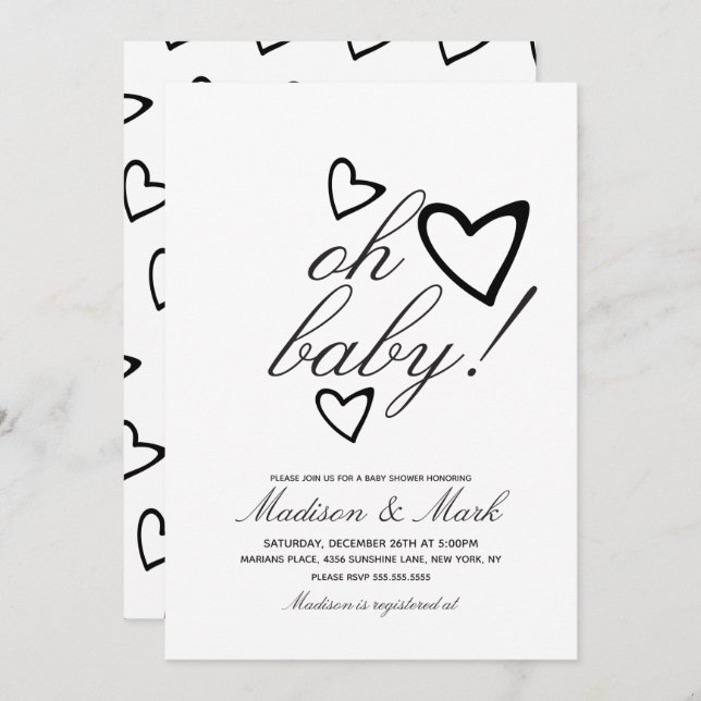 Invitation Baby shower minimaliste Floating Black Hearts (Devant / Derrière)