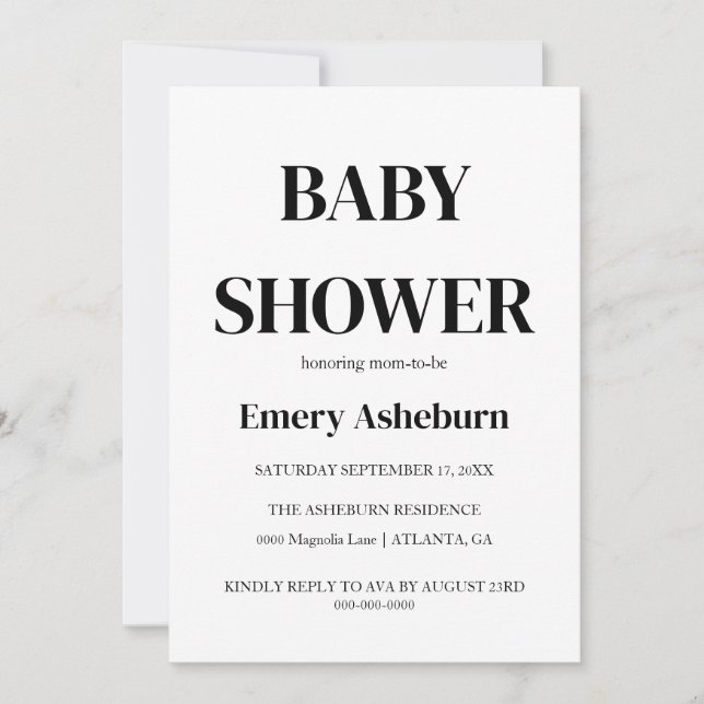 Invitation Baby shower minimaliste moderne noir et blanc (Devant)