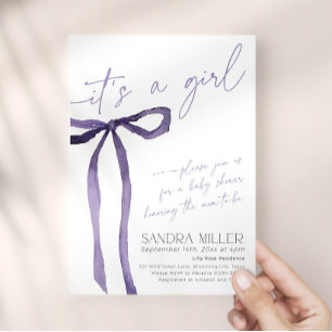 Invitation Baby Shower Minimaliste Ruban Lilas Violet