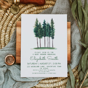 Invitation Baby shower minimaliste rustique vert arbres