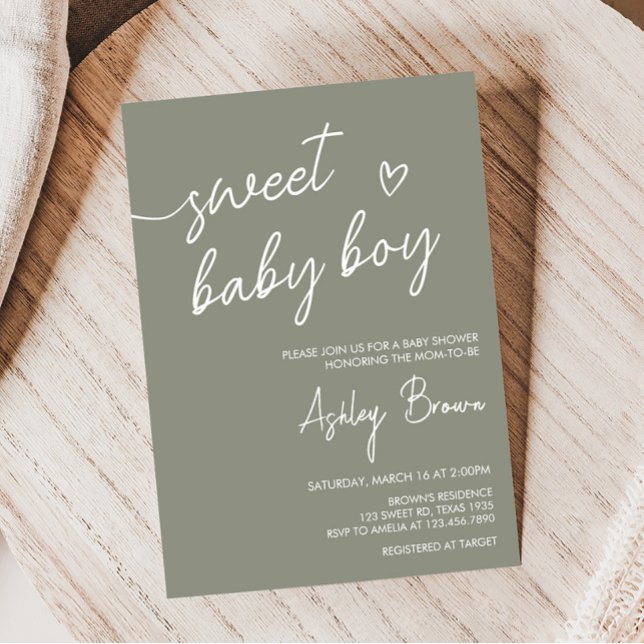 Invitation Baby shower minimaliste Sage Green Boho (Sweet Baby Boy Boho Baby Shower Invitation)