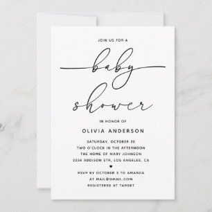 Invitation Baby-Shower Minimaliste Simple. Écriture Moderne e