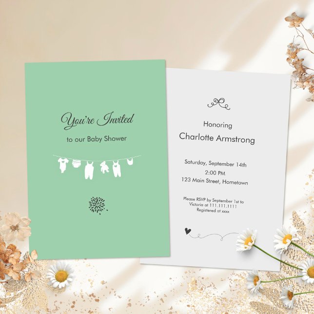 Invitation Baby Shower Minimaliste Vert Menthe (Mint Green Minimalist Baby Shower Invitation ©Susanne Sachers - Sunny Mind Design 🌞)