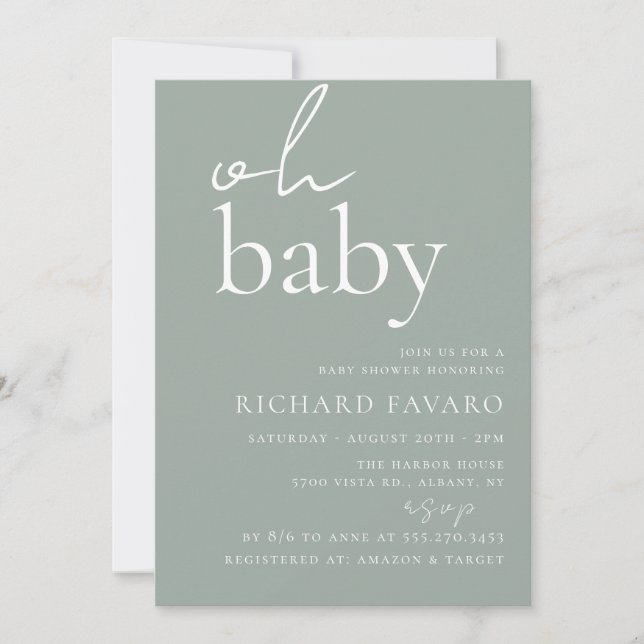 Invitation Baby shower minimaliste Vert Sage (Devant)