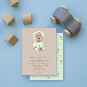Invitation Baby Shower Minimaliste Vert Sauge Bearly Wait