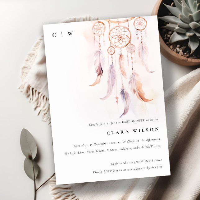 Invitation Baby shower minimum Boho Feather Dreamcatcher (Créateur téléchargé)