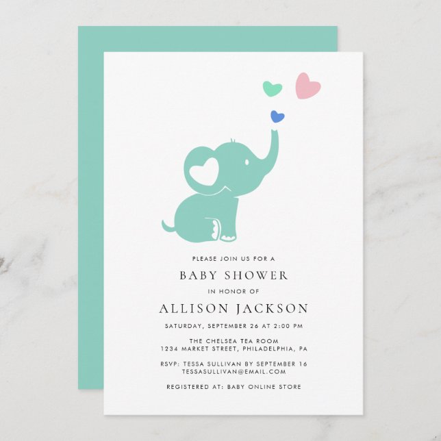 Invitation Baby shower Mint Green Elephant Genre Neutre (Devant / Derrière)