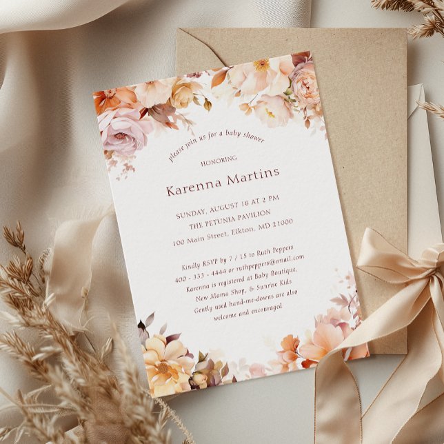 Invitation Baby Shower Mixte Automnal Fleurs Blanches (Créateur téléchargé)
