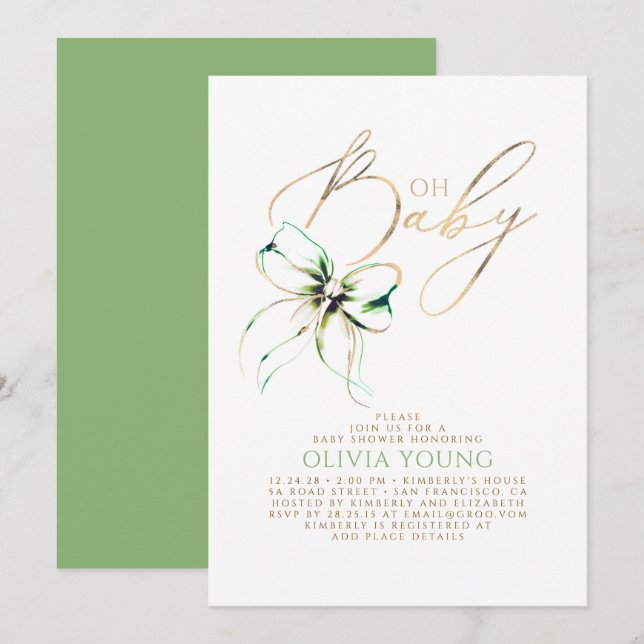 Invitation Baby Shower Mixte Ruban Vert et Or (Devant / Derrière)