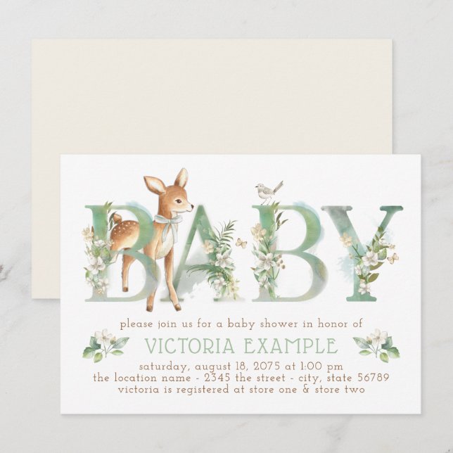 Invitation Baby Shower Mixte Thème Forêt et Cerf (Devant / Derrière)