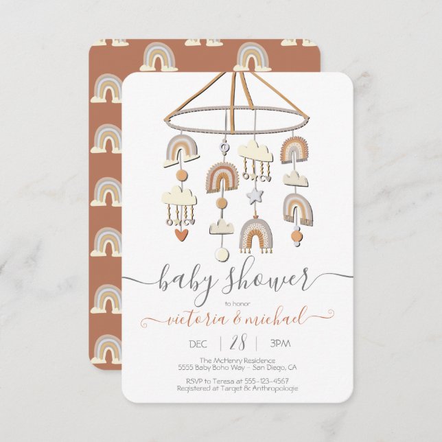 Invitation Baby shower mobile Boho Scandi Rainbow (Devant / Derrière)