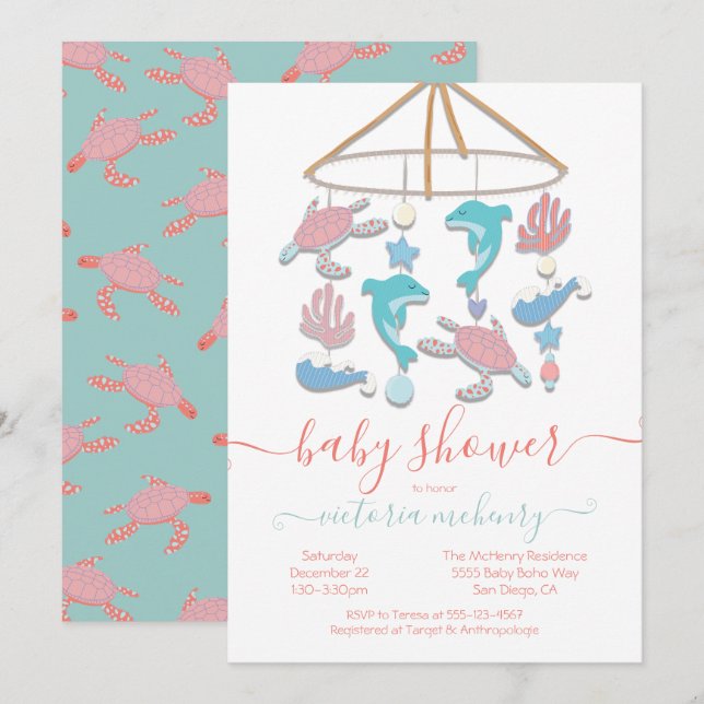 Invitation Baby shower mobile Dolphin de tortue de mer Invita (Devant / Derrière)