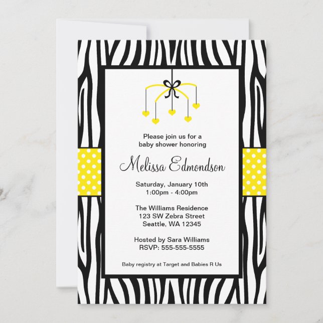 Invitation Baby shower mobile Jaune et Noir Zebra Heart (Devant)
