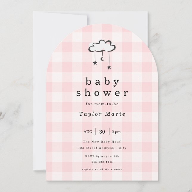 Invitation Baby shower mobile rose En vichy moderne (Devant)