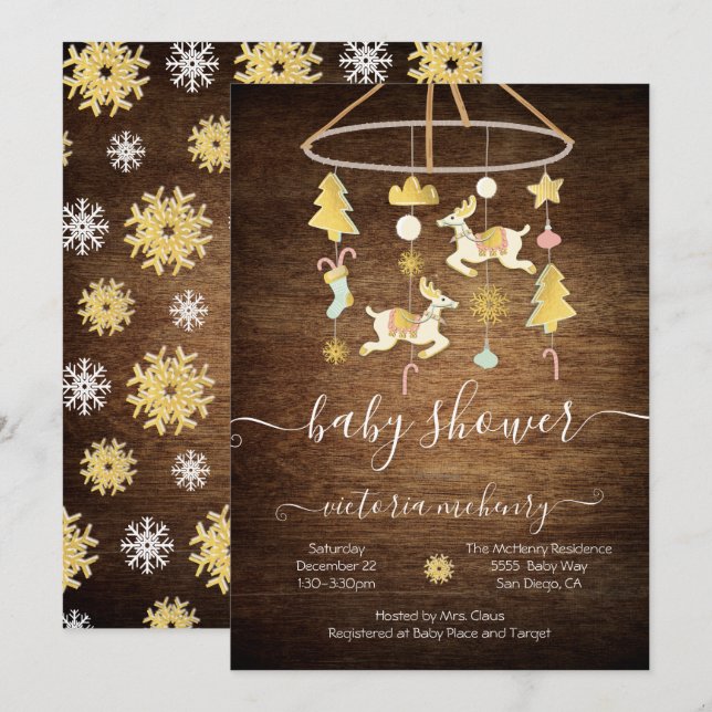 Invitation Baby shower mobile Rustic Gold Christmas (Devant / Derrière)
