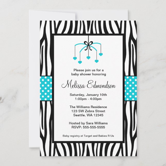 Invitation Baby shower mobile Turquoise Blue and Black Zebra  (Devant)