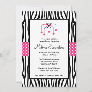 Invitation Baby shower mobile Zebra Coeur rose et noir