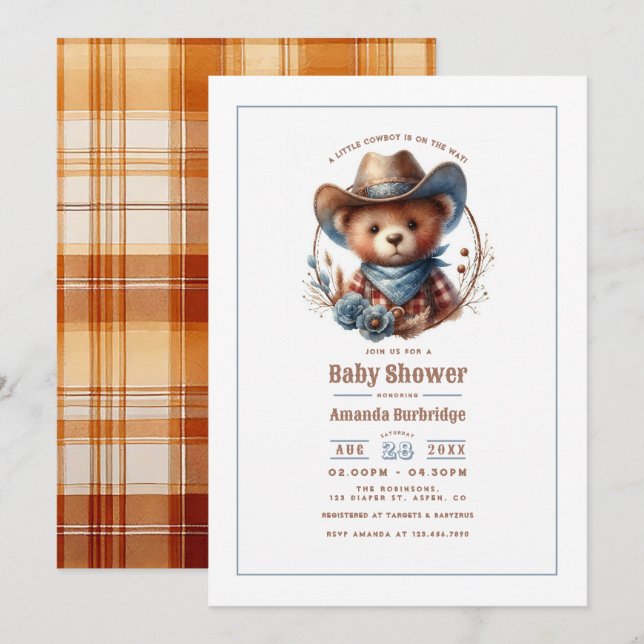 Invitation Baby Shower Mocha Mousse Rustique Petit Cow-boy (Devant / Derrière)